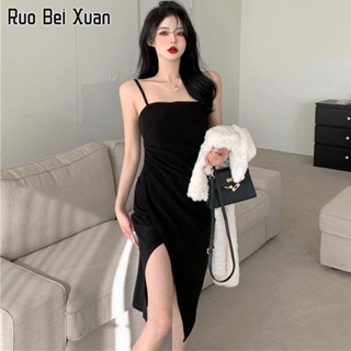 RUO BEI XUAN ชุดเดรสสตรีสไตล์เกาหลีใหม่สลิมสลิตจับจีบเอวสลิงเดรส