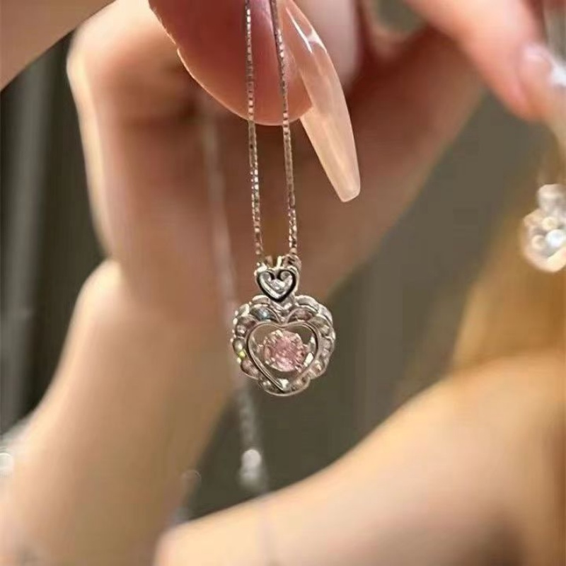 【MHANG】สร้อยจี้หัวใจเพชรแฟชั่น สร้อยคอเพชรหัวใจเงิน สร้อยคอจี้หัวใจเพชรสีชมพู เครื่องประดับ ของขวัญให้แฟน