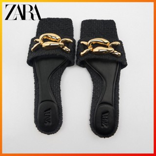 Zara รองเท้าแตะ ส้นแบน แต่งสายโซ่ สีดํา แฟชั่นฤดูร้อน สําหรับผู้หญิง 2614010 040