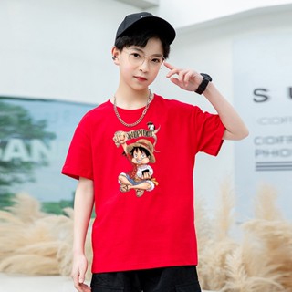 เสื้อยืด พิมพ์ลายอนิเมะ One Piece Luffy สีแดง ใส่สบาย สไตล์ญี่ปุ่น สําหรับเด็กผู้หญิง