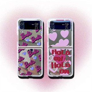 เคสโทรศัพท์มือถือแบบกระจกแข็ง ฝาพับ กันกระแทก ลายบาร์บี้ สําหรับ Samsung Galaxy Z Flip 3 Z Flip 4