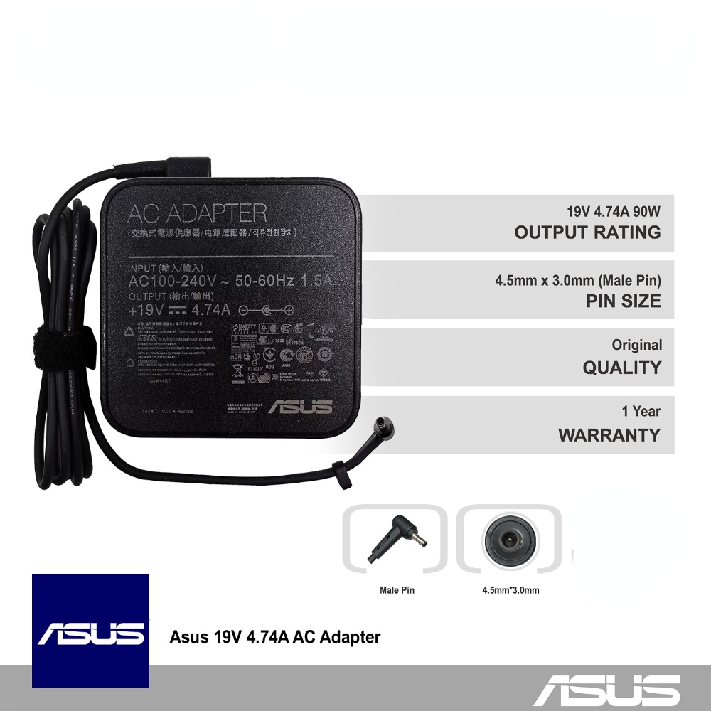Asus 19V 4.74A 90W ชาย Pin 4.5 มม.x 3.0 มม.แล็ปท็อปสําหรับ Asus Zenbook X560U UX480F x560UD UX533F u