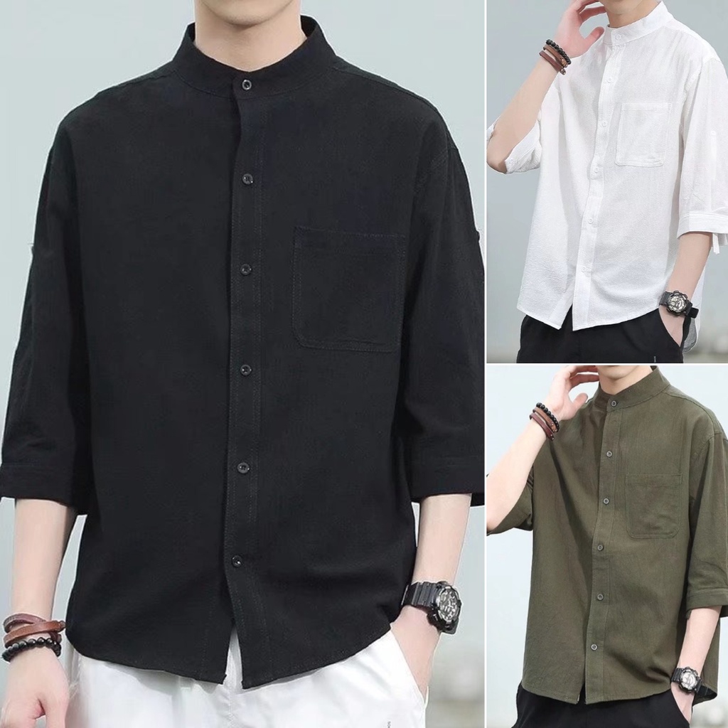 ส่งไวจากไทย เสื้อเชิ้ตแขนสั้นลําลอง ผ้าลินิน ทรงหลวม สีดํา แฟชั่นฤดูร้อน สําหรับผู้ชาย