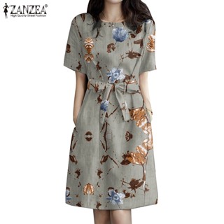 ZANZEA Women Retro O-Neck Short Sleeves Dark Check Print Non-removable Belt Dress
