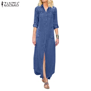 ZANZEA Women Europe Commuting Casual Button Up Half Sleeves Spilt Denim Shirtdress