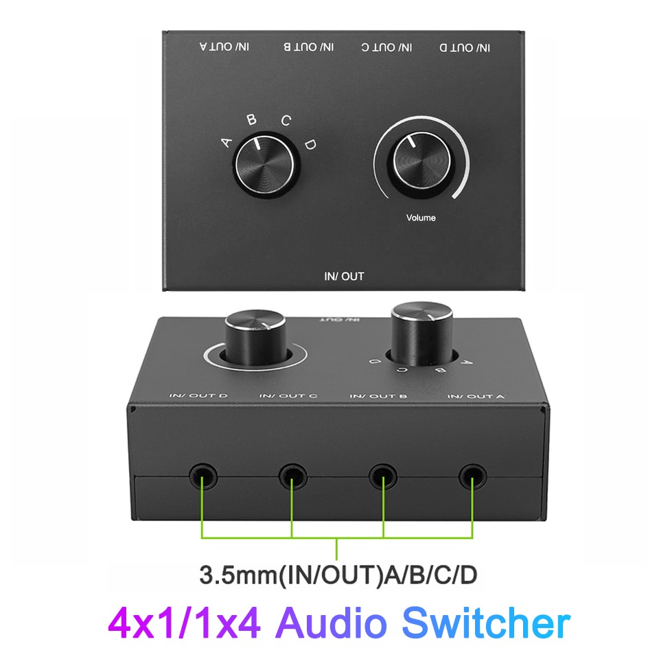 สวิตช์แยกเสียงสเตอริโอ 3.5 มม. 4 พอร์ต 2 พอร์ต 2x1 1x2 4x1 1x4