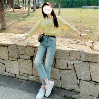 เสื้อเชิ้ตลําลอง สีเหลือง และกางเกงยีน ทรงสกินนี่ แฟชั่นฤดูใบไม้ผลิ สไตล์ฝรั่งเศส สําหรับผู้หญิง