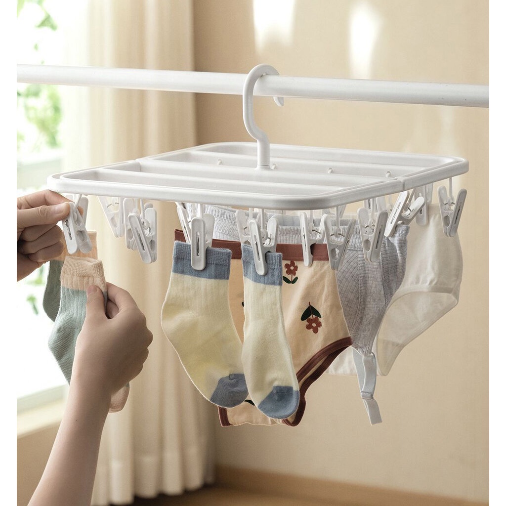 Omocha | (24 clips) Drying rack พวงตากผ้า ที่ตากผ้าพับได้ ไม้หนีบ 24 ตัว