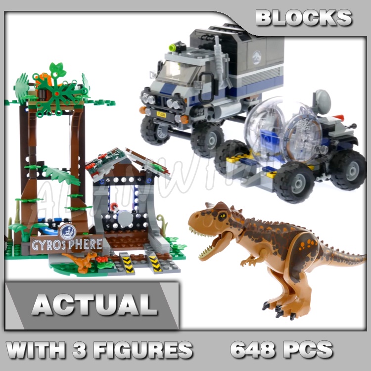 648 ชิ้น Jurassic World Carnotaurus Gyrosphere Escape Velociraptor ไดโนเสาร์ Park 10926 รุ่น Buildin