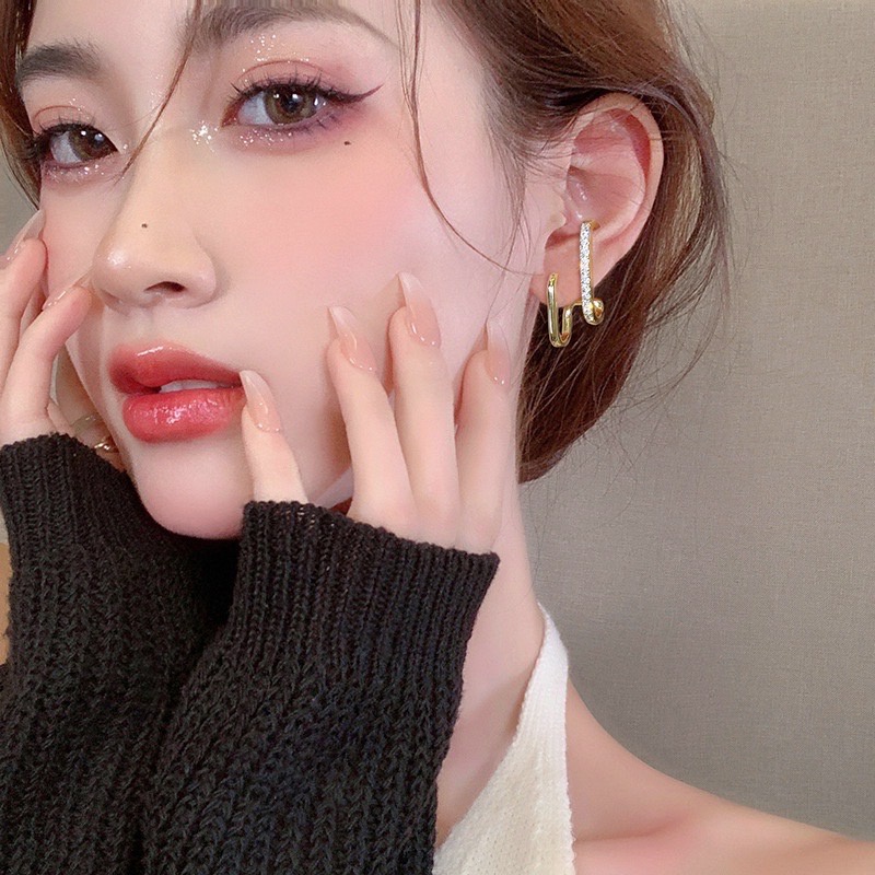 พร้อมส่ง จากไทย ต่างหูเพชรสองชั้น ต่างหู รูปตัว U หรูหรา แฟชั่นเกาหลี เครื่องประดับ สำหรับผู้หญิง AE51