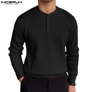 INCERUN Mens simple knitting waffle long-sleeved T-shirt