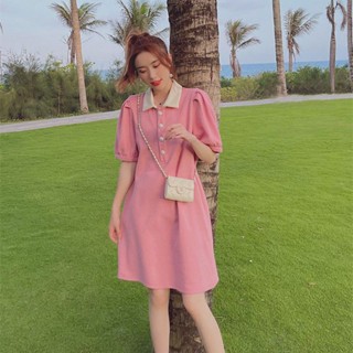 【Dress Oversize】(ใส่ได้ 150 กก.) ชุดเดรส คอปกโปโล แขนพัฟ พลัสไซซ์ ทรงหลวม แฟชั่นสไตล์เกาหลี สําหรับผู้หญิงตั้งครรภ์