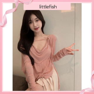 [littlefish] เสื้อแขนยาว คอวี แต่งลูกไม้ ทรงหลวม กันแดด สองชิ้น สไตล์ใหม่ แฟชั่นฤดูร้อน สําหรับเด็กผู้หญิง