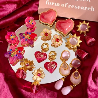 1 Pair French vintage girl earrings temperament pink heart /flower cute design earrings female fashion sweet earrings