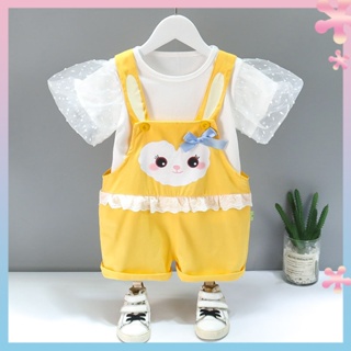 Korean style baby girls summer clothing bubble sleeve girls suit summer new western style suspender pants two-piece set baby childrens clothing