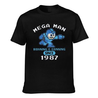 ผ้าฝ้ายคอกลมเสื้อยืด ผ้าฝ้าย พิมพ์ลาย Mega Man Video Game Running &amp; Gunning Since 1987 สําหรับผู้ชายfrom S-4XL_03