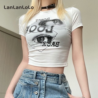 Lanlanlolo เสื้อยืดลําลอง แขนสั้น คอกลม ทรงสลิม พิมพ์ลาย สําหรับสตรี 2023