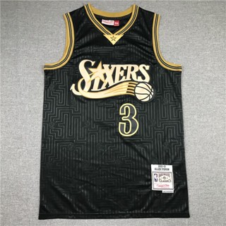 แฟชั่นคลาสสิก เลขที่ หมายเลข 76 คน เสื้อกีฬาบาสเก็ตบอล ปักลาย 3 Iverson Jersey สีดํา สีขาว สไตล์เรโทร สําหรับผู้ชาย 875702