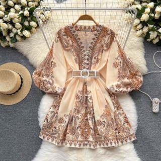 Palace Style Dress High-end Sense Socialite Elegant V-neck Retro Printed Lace-up Slim-fit Dress A- line Short Dress