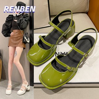 RENBEN รองเท้าแตะผู้หญิง ฤดูร้อนใหม่ Retro Square Toe Word หัวเข็มขัด Mary Jane กลับว่างเปล่าส้นหนารองเท้าเดียวฤดูใบไม้ผลิ