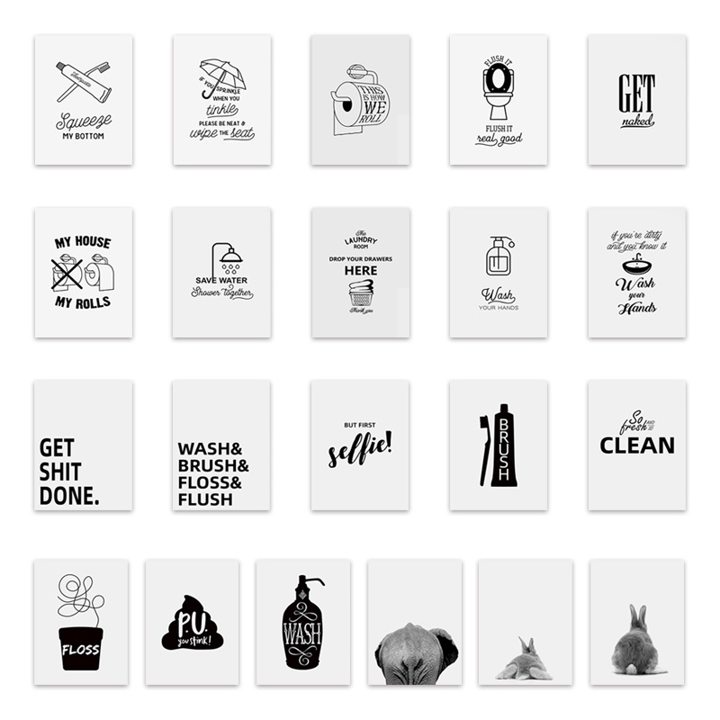 ห้องน้ําสีดําสีขาว Wall Art ภาพวาดผ้าใบโมเดิร์นป้ายห้องน้ําคําคมโปสเตอร์ Nordic พิมพ์ Hummour ภาพ Wash Room Home Decor