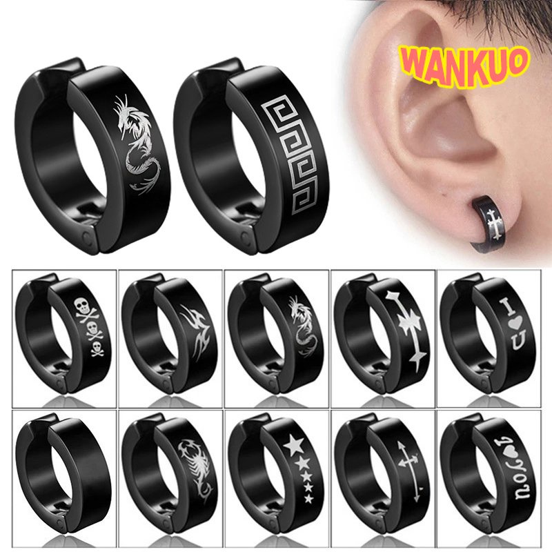 【WANKUO】เครื่องประดับผู้ชาย สไตล์เกาหลี สีดํา พังก์ ต่างหู ผู้ชายและผู้หญิง ไม่ก่อให้เกิดอาการแพ้ เหล็ก ต่างหูหนีบ ไม่เจาะ ต่างหูชายและหญิง คลิปต่างหู