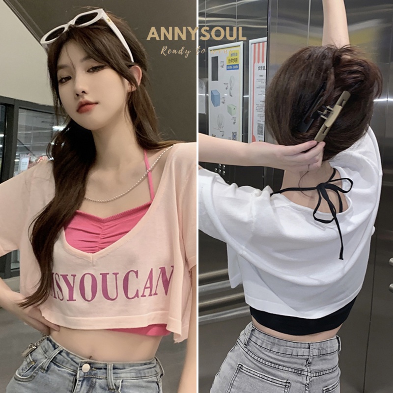 ชุดเเฟชั่นสองชิ้น เซ็ท2ชิ้น เสื้อครอป+สายเดี่ยวคล้องคอดีเทลสายโชว์ น่ารักเซ็กซี่เบาๆ สีหวานๆ สินค้าพร้อมส่ง