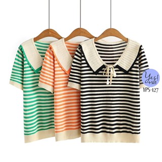 เสื้อยืดผ้าไหมพรมสาวอวบ อกยืดได้ถึง 55+นิ้ว คอวีมีปก-เชือกผูกโบว์ ลายทางสีครีมดำ/เขียว/ส้ม YPS-127