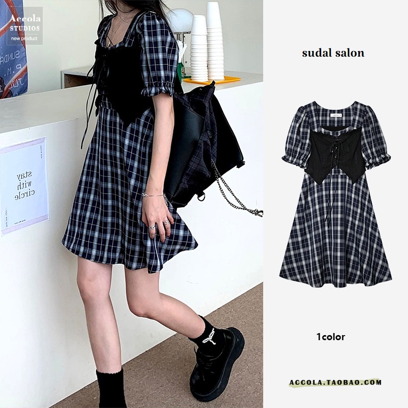 ฤดูร้อนย้อนยุคสไตล์ฝรั่งเศสเก๋แขนพัฟเสื้อกั๊กปลอมสองชิ้นชุดลายสก๊อตเอวBB-666