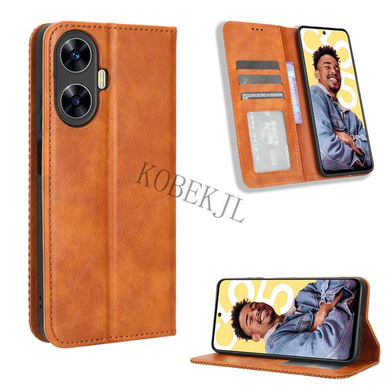 Realme C30 C30S C35 C33 C55 Case Flip Retro PU Leather Wallet Card Slot Stand Holder Phone Casing Co