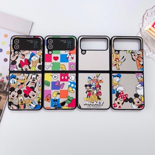 เคสโทรศัพท์มือถือแบบกระจกแข็ง กันกระแทก ลายการ์ตูน Disney Mickey friends พร้อมสายโซ่คล้อง สําหรับ Samsung Galaxy Z Flip 4 5G Z Flip 3