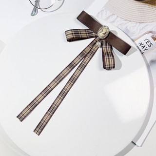 Retro Plaid Ribbon Coffee Brown Bow Ties with Brooch Pin Graduate College Bowtie Womens Accessories