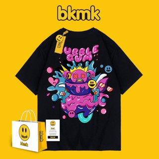 Bkmk เสื้อยืดแขนสั้น คอกลม ผ้าฝ้าย ลายหน้ายิ้ม สไตล์ฮาราจูกุ สําหรับผู้ชาย และผู้หญิง