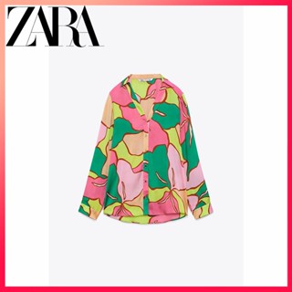 Zara ใหม่ เสื้อเชิ้ต ผ้าซาติน ผ้าไหม พิมพ์ลาย สําหรับผู้หญิง