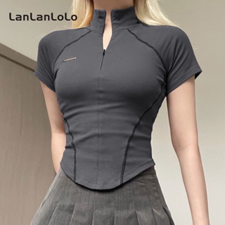 Lanlanlolo เสื้อยืดคอกลม แขนสั้น สีตัดกัน สําหรับผู้หญิง 2023