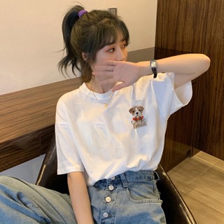 เสื้อยืดคอกลม ผ้าฝ้าย 100% พิมพ์ลายการ์ตูนสุนัขน่ารัก ทรงหลวม คุณภาพสูง แฟชั่นฤดูร้อน สําหรับผู้หญิง
