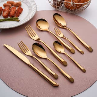 KATELV High Quality Cutlery Set Thick and Heavy Spoon and Fork Knife Round Spoon Tea spoon Metal Kitchen Dinnerware