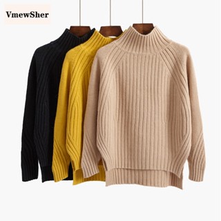 Vmewsher ใหม่ เสื้อกันหนาว จัมเปอร์ แขนยาว คอครึ่ง ผ้าถัก ให้ความอบอุ่น สีแคนดี้ แฟชั่นฤดูใบไม้ผลิ ฤดูใบไม้ร่วง สําหรับผู้หญิง