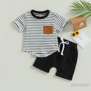 Babygarden-0-3 ปี ชุดเสื้อผ้าเด็กผู้ชาย, เสื้อคอกลม แขนสั้น ลายทาง + กางเกงขาสั้น ผูกเชือก สีดํา