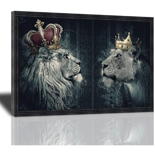 ภาพวาดผ้าใบ รูปหัวสิงโต และมงกุฎ สีดํา และสีขาว สําหรับตกแต่งผนังบ้าน