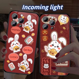 Mg เคสโทรศัพท์มือถือแบบแก้ว มีไฟกระพริบ LED ลายกระต่ายร่ํารวย สําหรับ iPhone 14Promax 14Plus 13Promax 12ProMax 7plus 8plus XR XS X XSMAX 11ProMax 11pro