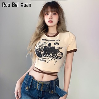 RUO BEI XUAN เสื้อยืดสตรีสไตล์เกาหลีใหม่พิมพ์ผูกเสื้อยืดสั้น