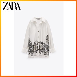 Zara เสื้อเชิ้ต ผ้าซาติน พิมพ์ลาย แฟชั่นฤดูใบไม้ผลิ สําหรับผู้หญิง