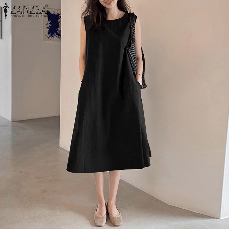 Zanzea ชุดเดรสแขนกุด คอปก ผ่าหลัง มีกระเป๋า สไตล์เกาหลี สําหรับผู้หญิง - รูปที่ 5