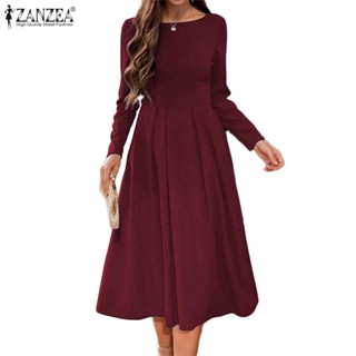 ZANZEA Women Casual Loose Solid Long Sleeve O Neck Fit Flare Swing Maxi Dress