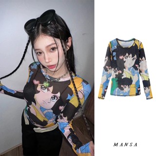 MANSA mesh cartoon T-shirt เสื้อครอป เสื้อ เสื้อยืด