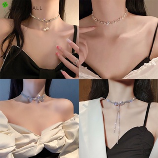 Vintage Y2K Silver Diamond Bowknot Choker Fashion Pearl Necklace for Women Jewelry Accessories