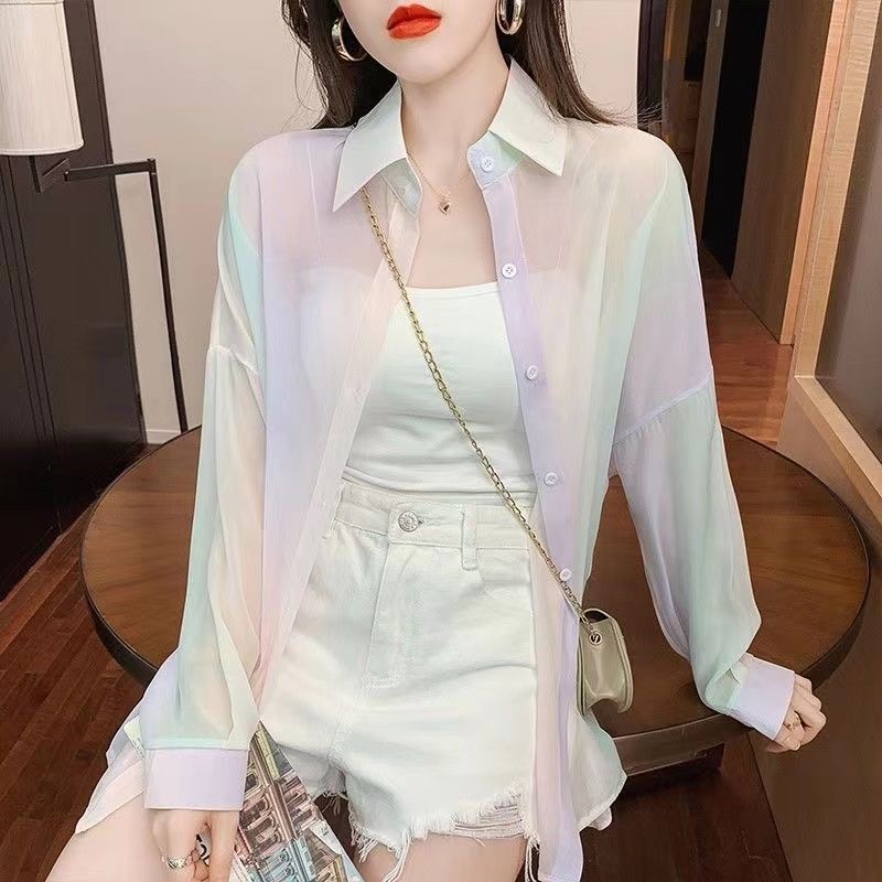 เสื้อคาร์ดิแกนแขนยาว ผ้าชีฟอง แบบบาง ทรงหลวม สีรุ้ง แฟชั่นสําหรับสตรี ราคา ถูกที่สุด ดีลบีเคเค แกลเลอรีภาพที่ 5