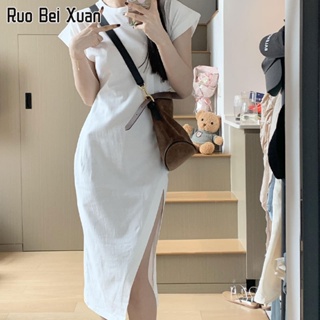 RUO BEI XAUN เดรสผู้หญิง เดรสเกาหลีแฟชั่นใหม่ เดรสเชิ้ตยาวสีขาวผ่าหน้า