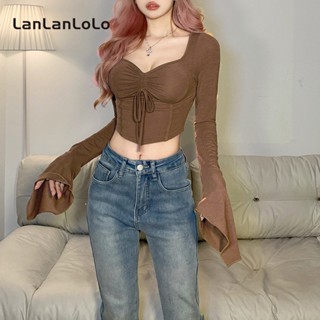 Lanlanlolo เสื้อยืดแขนยาว คอสี่เหลี่ยม เซ็กซี่ สีพื้น เข้ากับทุกการแต่งกาย สไตล์เรโทร แฟชั่นสําหรับสตรี 2023